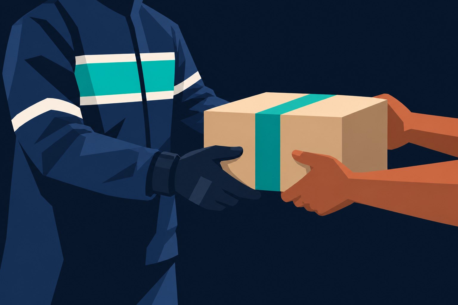 Illustration: a QuickFleet rider in a navy jacket with a teal band hands a taped parcel to a customer